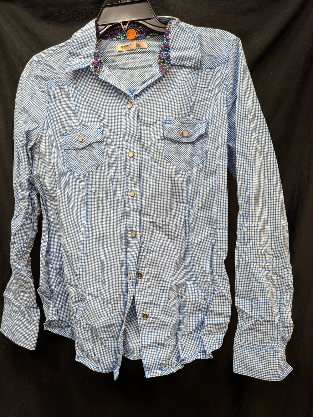 Old Navy Light Blue Check Button-Down Shirt with Printed Collar